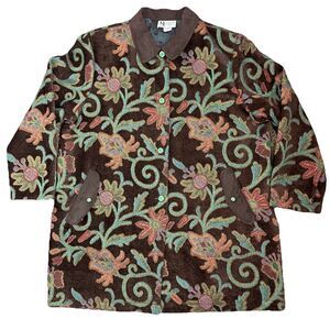 Vintage Maggie Sweet Floral Tapestry Rug Chenille Long Jacket Sz 1X Artsy